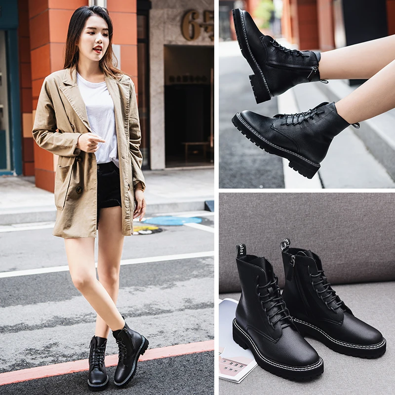 

Women Shoes Black Female Fashion Ankle Boots Winter Ankle Boots Pu Leather Women Boots Work Shoes Round Toe Lace-Up Boots