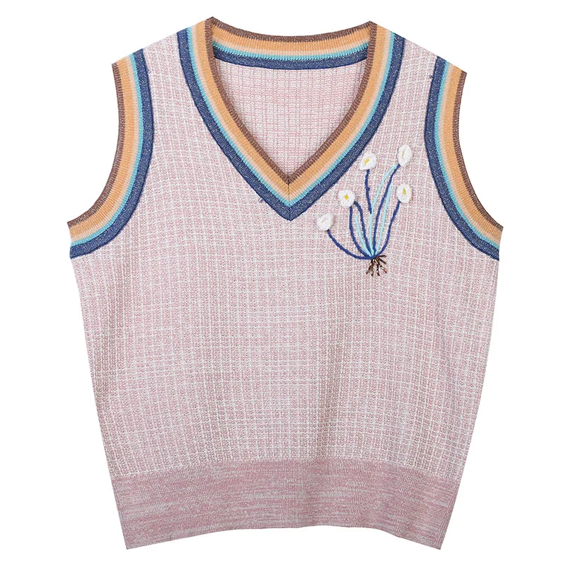

V-neck Sweater Vest 2021 Spring Women Knitted Vest V-neck Striped Hit Color Flower Embroidered Thin Knitted Vest Sweater