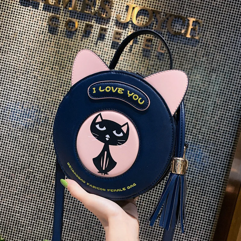 Очаровательные Круглые Женские сумки-мессенджеры с кисточками и кошками сумки