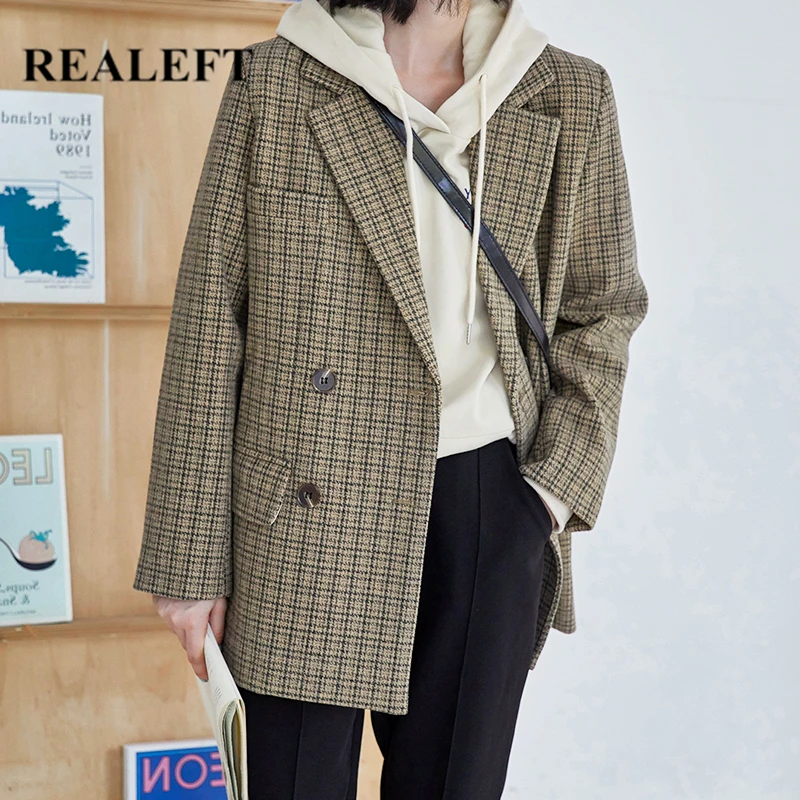 

REALEFT 2020 осень зима винтажный клетчатый шерстяной Блейзер с длинным рукавом двубортный отложной воротник Женское пальто куртка женская