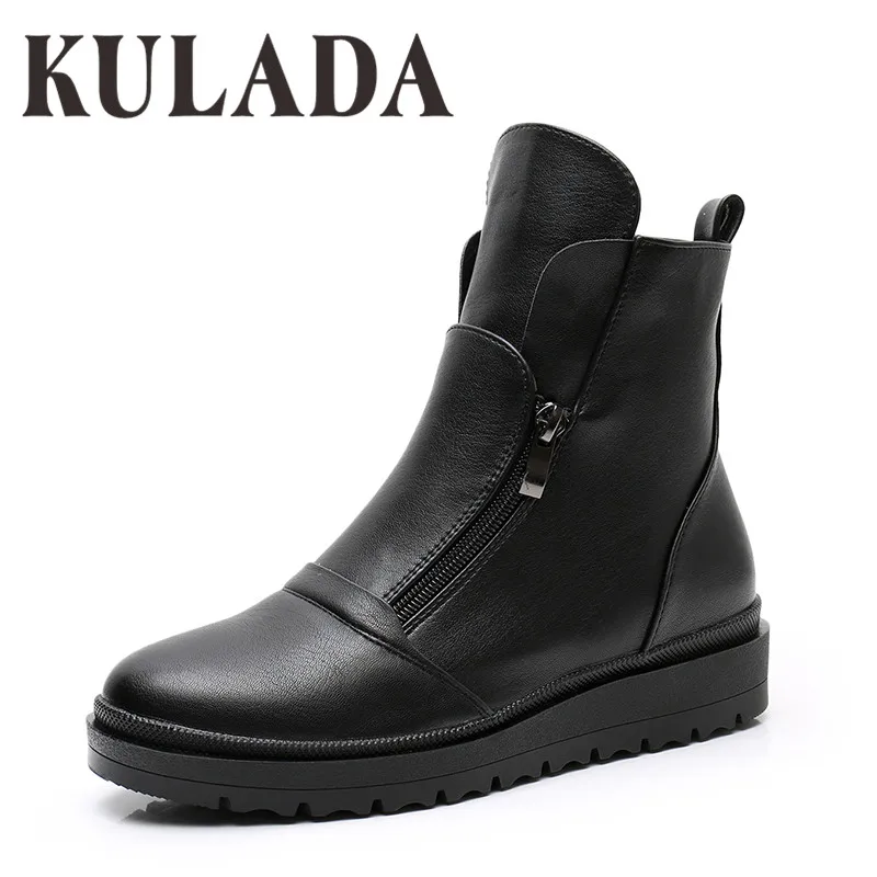 

KULADA Autumn Fashion Women PU Leather Waterproof platform Boots Handmade Vintage Flat Ankle Botines Shoes Woman Winter botas