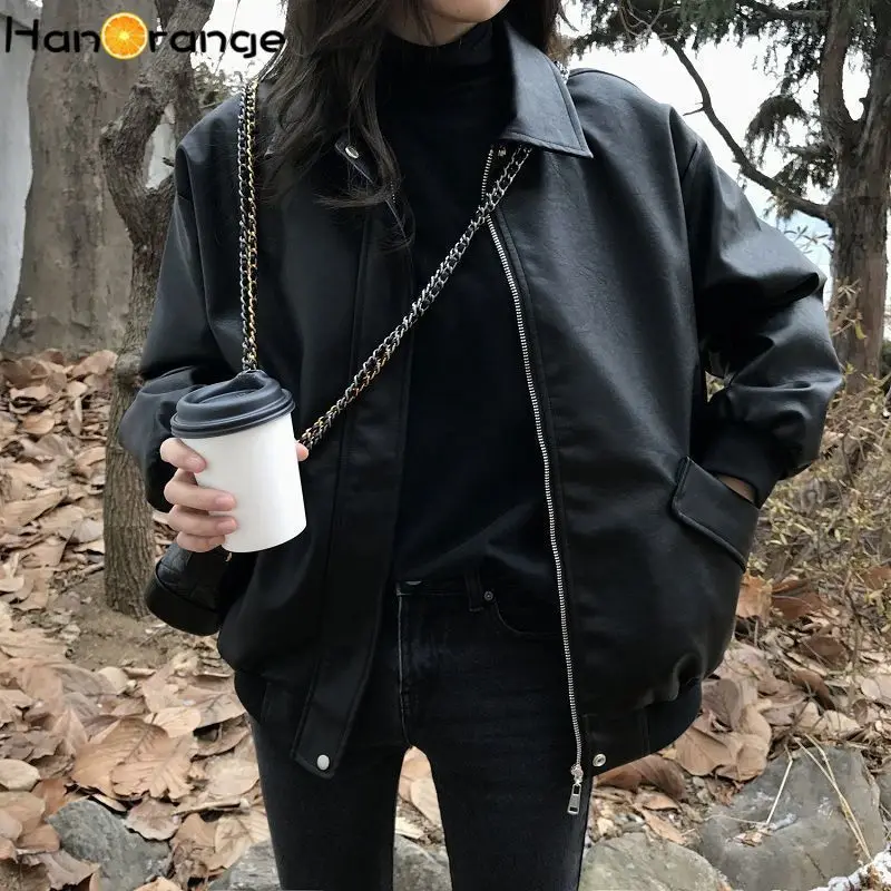 HanOrange Женская куртка из искусственной кожи байкерская с отложным воротником