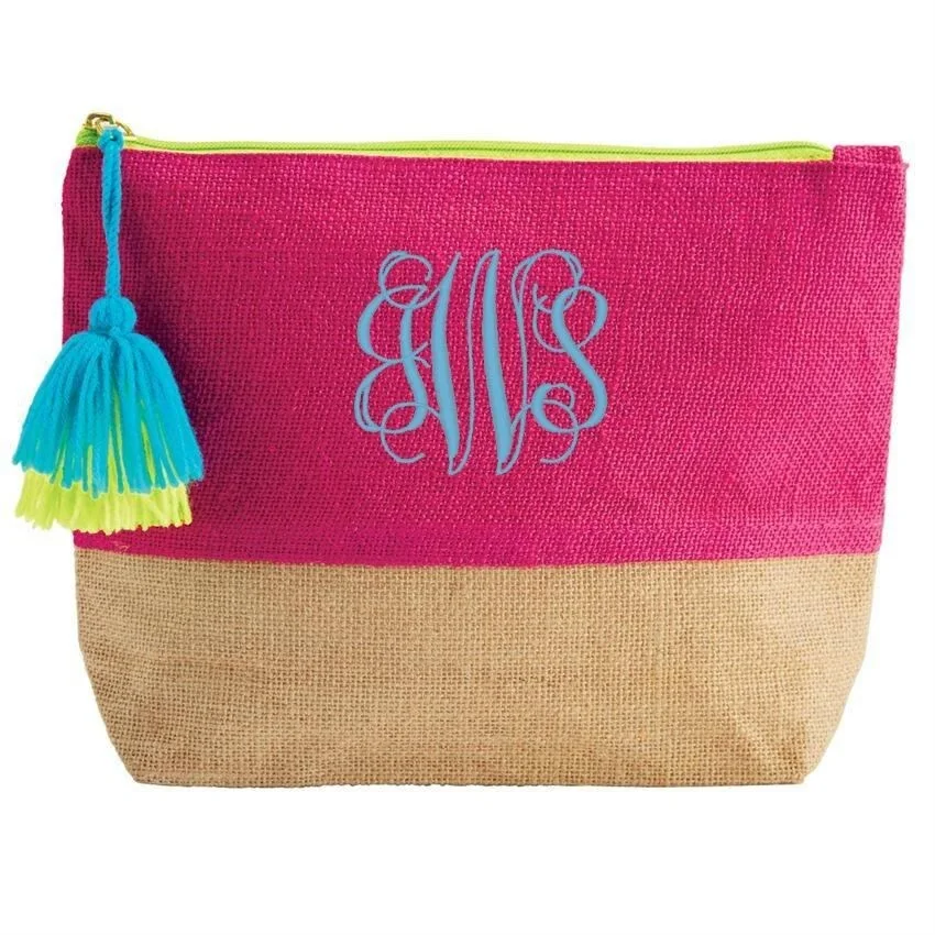 

Jute Canvas Causal Carrable Women Tassel Personalized Zipper Style Two Colors Printed Comestic Bag For Ladies