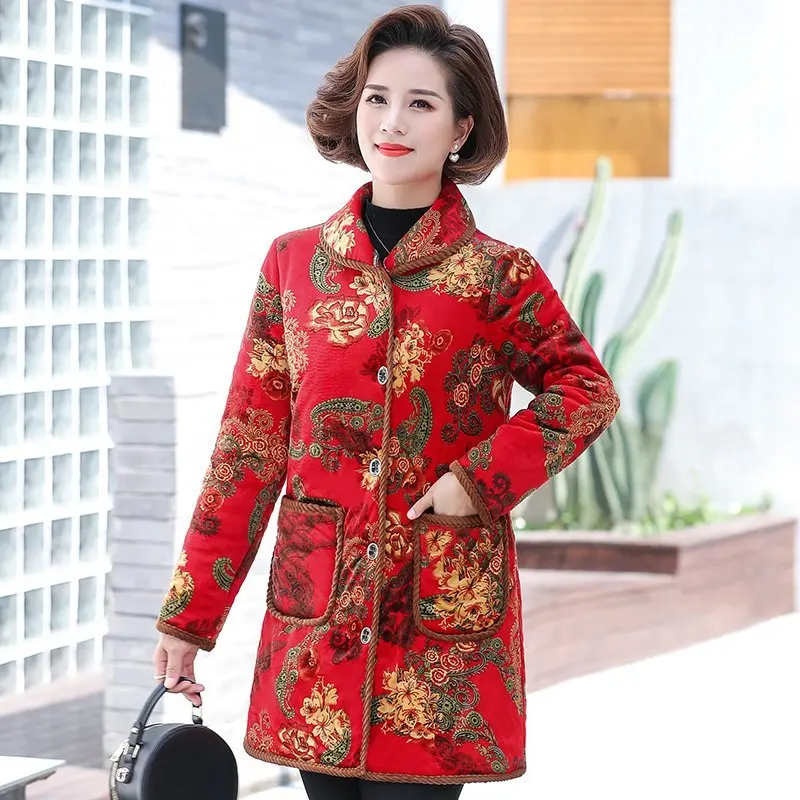 

New Plus Size 5XL Women Coat Winter Faux Fur Printing Outwear Middle-aged Casual Coat Plush Linner Thick velvet Coats for Mum