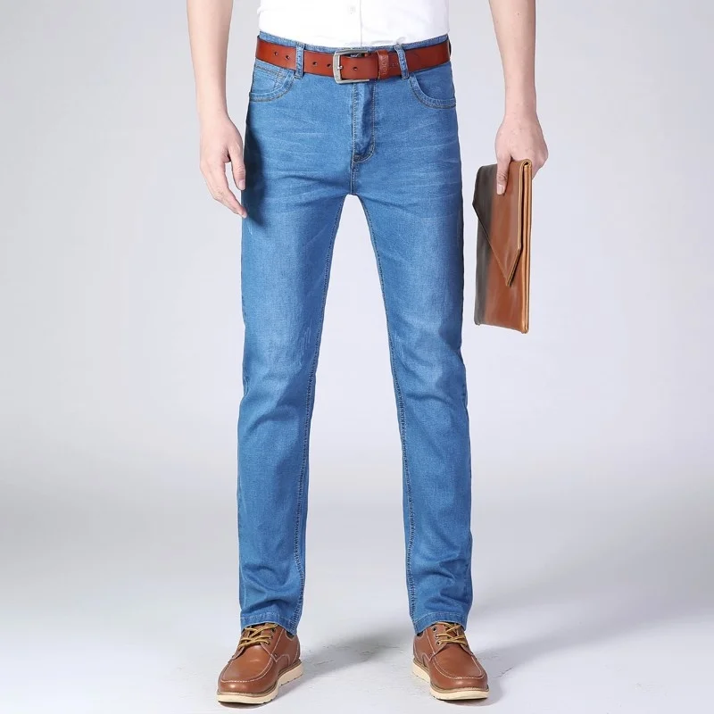 

2021 Spring Summer Mens Jeans Stretch Thin Denim Light Blue Colors Men's Straight Jean Pants Casual Lightweight Jeans Trousers