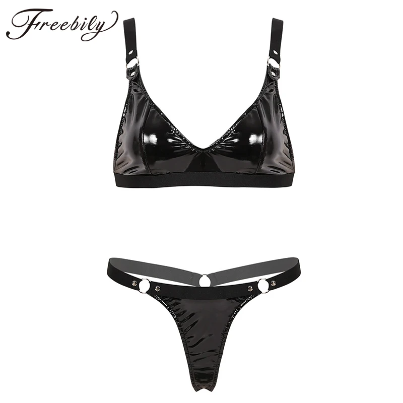 Женский сексуальный комплект нижнего белья черный лакированный кожаный бикини