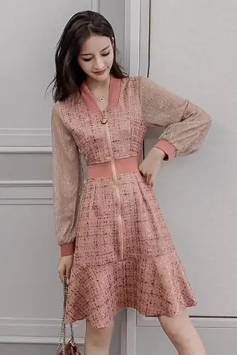 

Casual V Neck Zip Loose Dress High Waist Brief Mesh Dresses A-line Korean Vintage Fashion Mid-calf Dress Summer