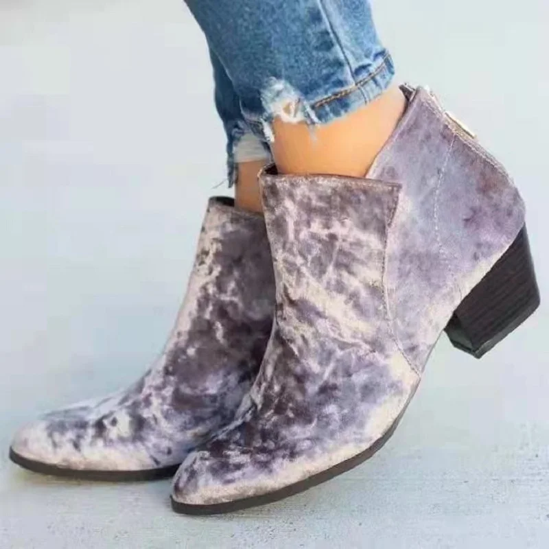 

2021 New Chelsea Boots Women Autumn Winter Flannel Ankle Shoes Zipper Pointed Square High Heel Solid Casual Purple Blue Fashion