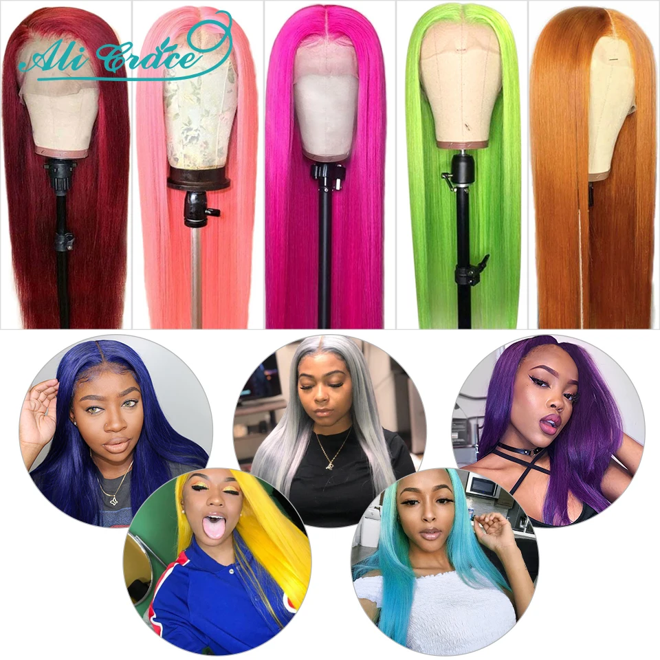 Прямые Цветные человеческие волосы Али Грайс парик фронта шнурка розовый серый