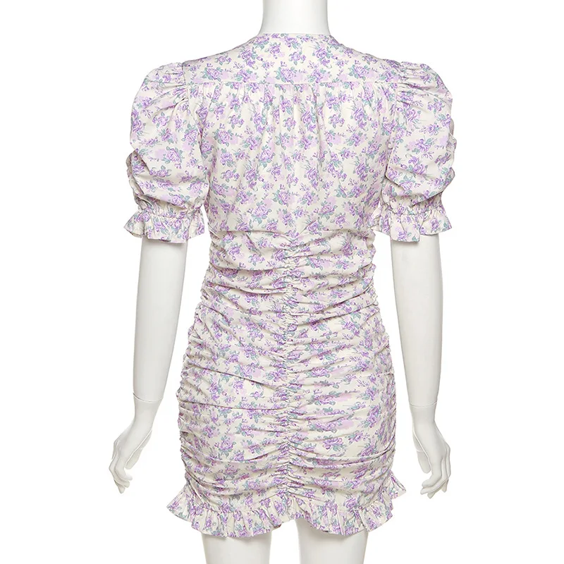 

Fashion Floral Print Boho Dress For Women Puff Sleeve Deep V Neck Slim Dress Women Summer Club Party Beach Short Bodycon Dresses