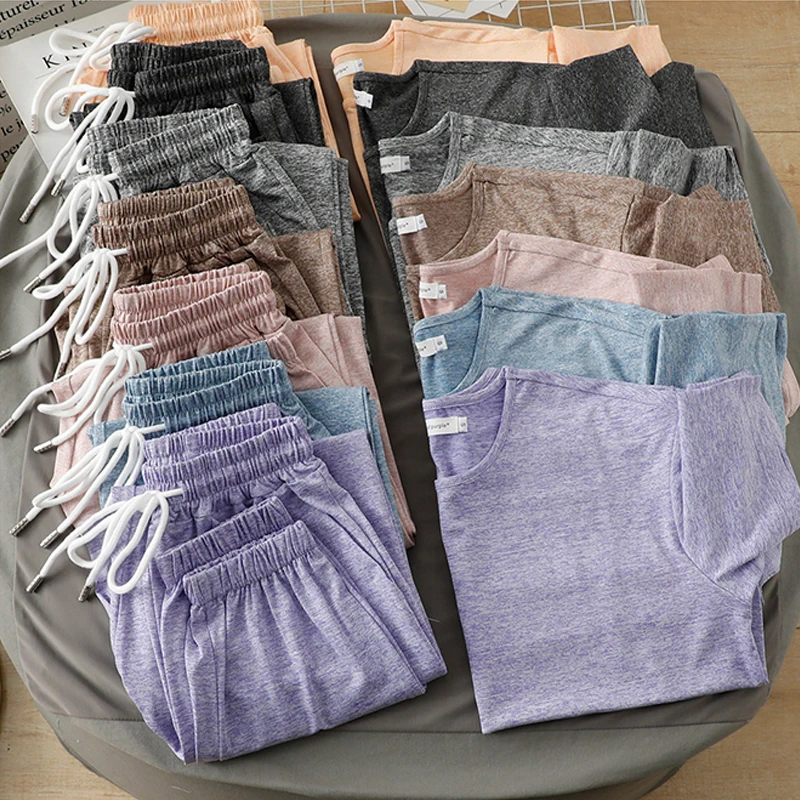 

Summer women's casual solid color round neck short-sleeved T-shirt + high waist loose trousers suit