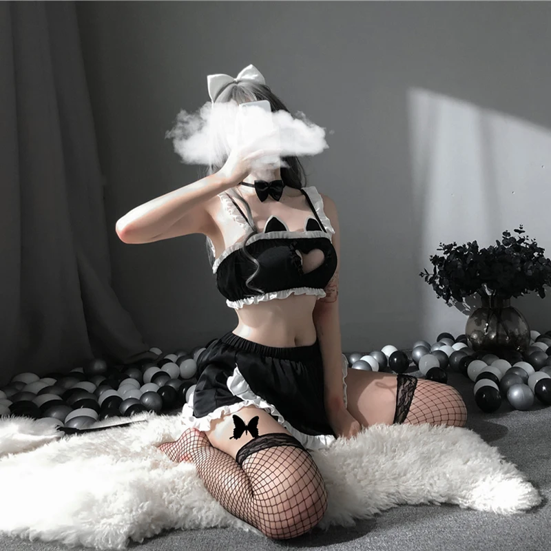 

Lolita Cute Cat Girl Sexy Maid Uniform Transparent Lingerie Schoolgirl Womens Devil Cosplay Costumes Anime Underwear Outfit