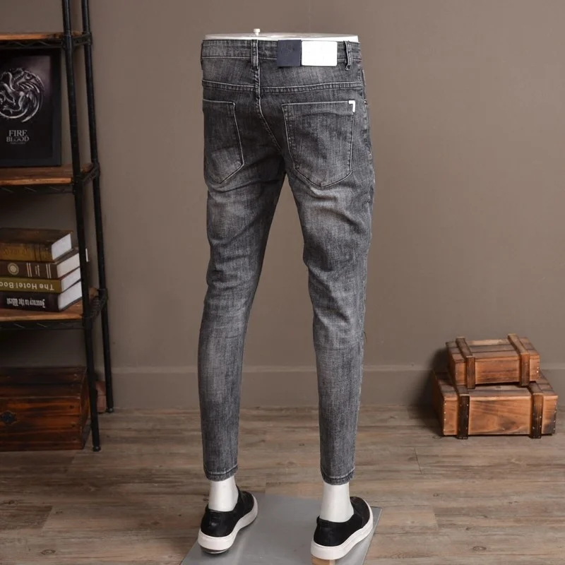 Light Summer Gray Ripped Hole Jeans Men Fashion Stretch Slim Fit Embroidery Denim Trousers Streetwear Casual Biker Pants