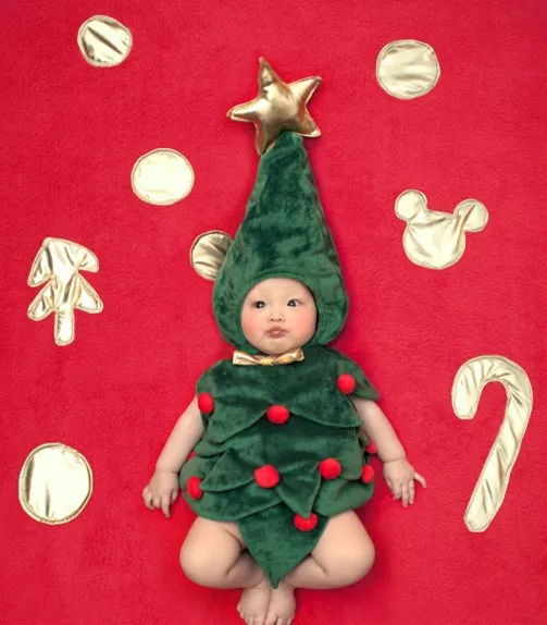 

Jane Z Ann Baby infant toddler 3-6 month Christmas tree costume photo props green hat+yellow bow tie bodysuit roupa fotografie