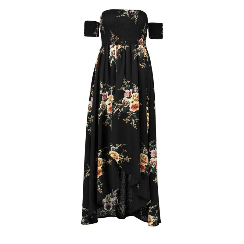 XS-5XL женские летние платья с коротким рукавом с открытыми плечами женский жилет с цветочным узором праздничное пляжное длинное платье - Цвет: Черный