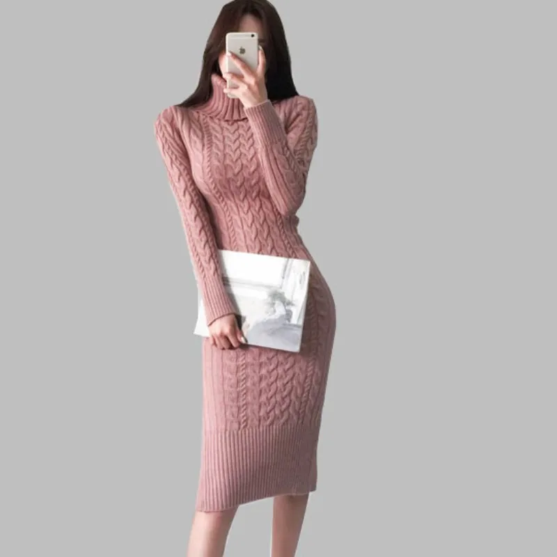 Элегантная зимняя женская одежда вязаное теплое платье модное плетеное