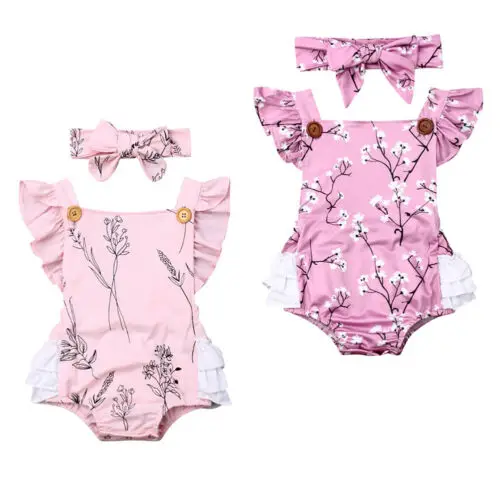 

2PCS Newborn Infant Toddler Baby Girls Bodysuit Sleeveless Jumpsuit Bow Headband Summer Baby Girl Clothes Clothes Outfits