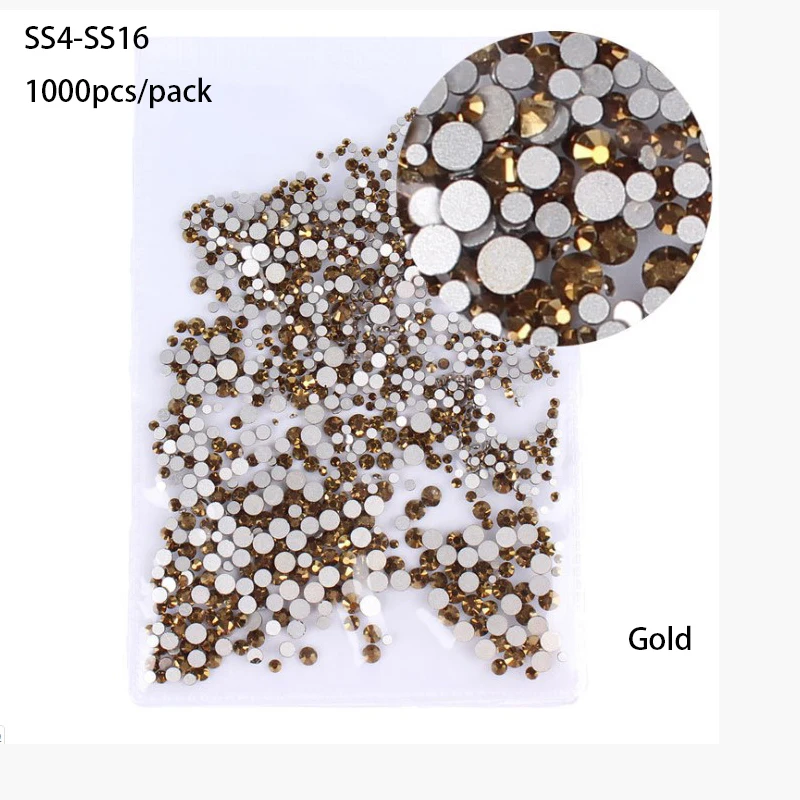 Gold 1000PCS SS3-SS30 Супер Блестящий Кристалл AB аксессуары плоская задняя сторона стекло Хамелеон Стразы для ногтей для шармов 3D украшения для ногтей - Цвет: Gold 1000PCS