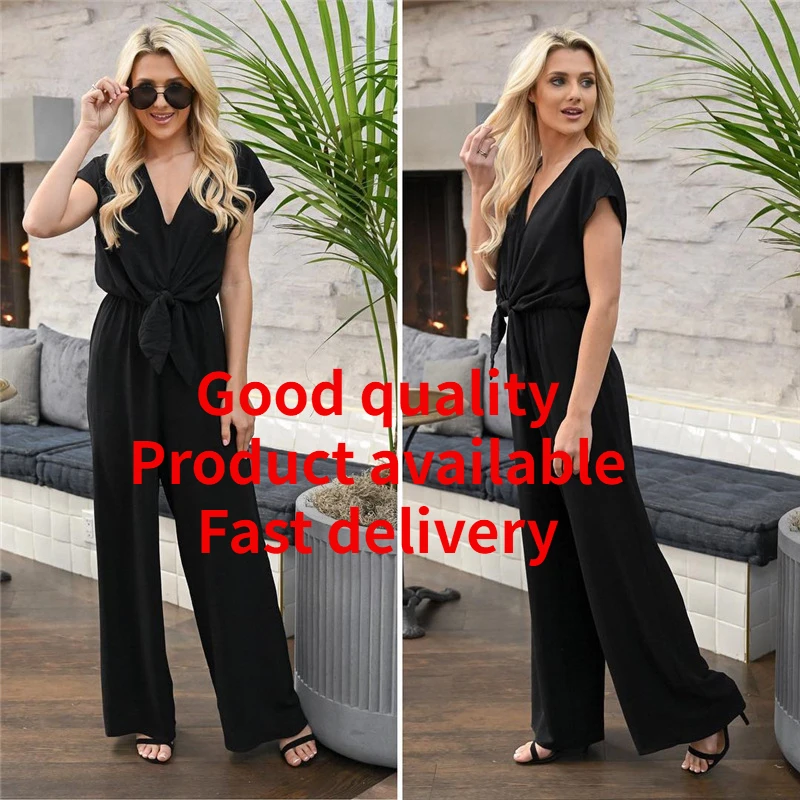 

Fashion all-match V-neck trousers, wide-leg pants, high-waist casual pants, open back lace-up women's jumpsuit leather pants