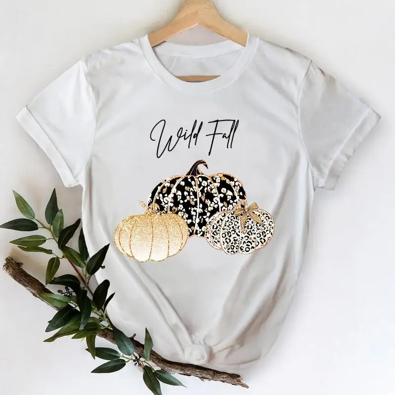 

Women Autumn Fall Pumpkin Style Leopard 90s Thanksgiving Halloween Graphic Clothing Tshirt T Female Tees Top Print T-Shirt