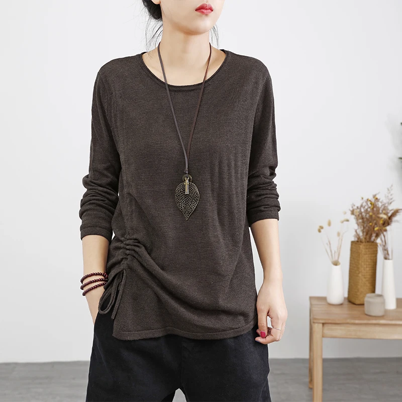 Женские хлопковые топы 2019 осень весна трикотажные футболки Draw String тонкие