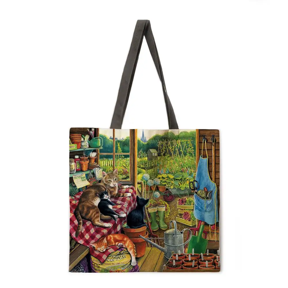 

Grocery and kitten print tote bag casual tote bag lady shoulder bag foldable shopping bag outdoor beach bag