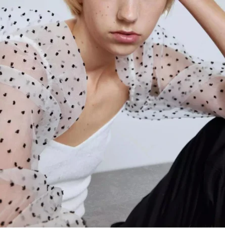 Белая блузка рубашка Женский Топ сморщенный шифон в горошек с пышными рукавами