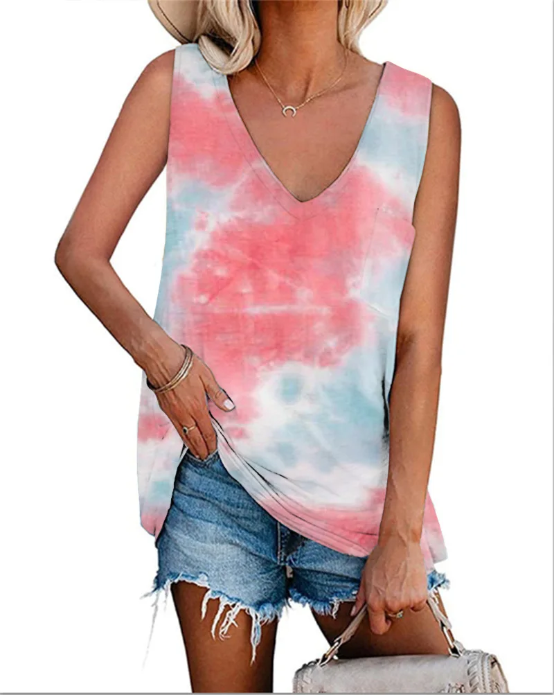 

Women's T-shirts Sleeveless Summer 2021 Tie Dye Print Tank Tops V-Neck Big Size Casual Shirt Ladies Tops Femme Mujer Camisetas