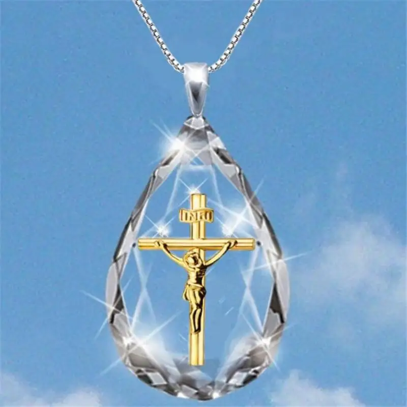 

New Jesus Pattern Drop Shape Crystal Pendant Necklace Men's Women's Necklace Sliding Crystal Necklace Accessories Party Jewelry