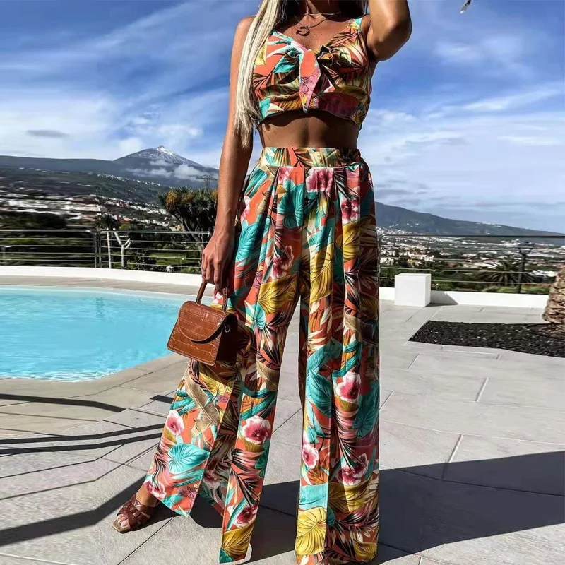 

Female Fashion Elegant Print 2 Piece Sets Summer Women Sexy Sleeveless Bandage Lady Crop Tops And Slit Wide Leg Pants Suits