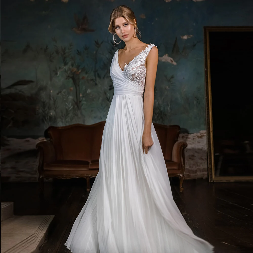 

V-Neck Pleats Chiffon Beach Wedding Dress 2021 Sexy Sleeveless Boho Bride Dresses Backless Bridal Gowns Robe De Mariee
