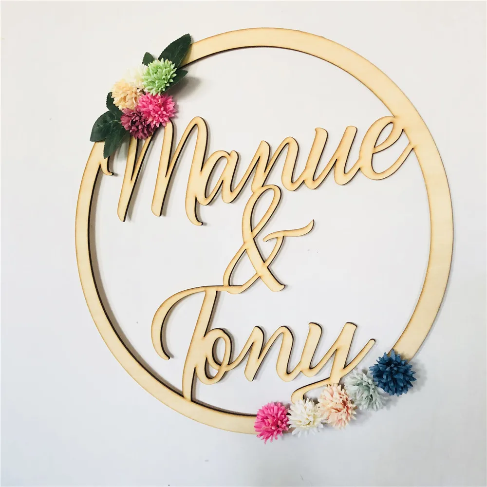Custom Wreath Wooden Wedding Circle Hanging Personalized Couples Name Flower Sign Romantic Wooden Marriage Party Decorations