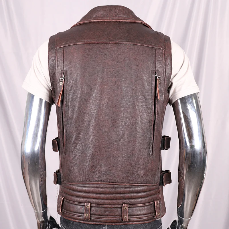 

2021 Black Motorcycle Style Genuine Leather Vest Men Plus Size 4XL Real Natural Cowhide Autumn Slim Fit Short Biker Coat