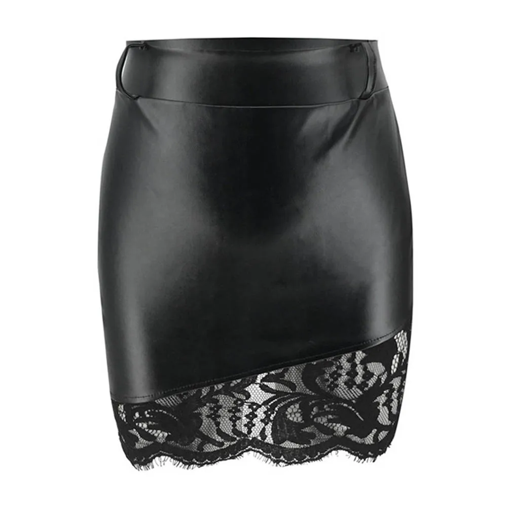Autumn Winter New Fashion Sexy &amp Club PU Leather Skirt Women Black Mini Pencil High Waist Lace hot | Женская одежда