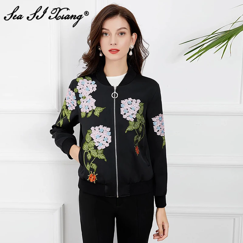 

Seasixiang Fashion Designer Autumn Jacket Women O-Neck Long Sleeve Floral Embroidery Crystal Casual Black Coat