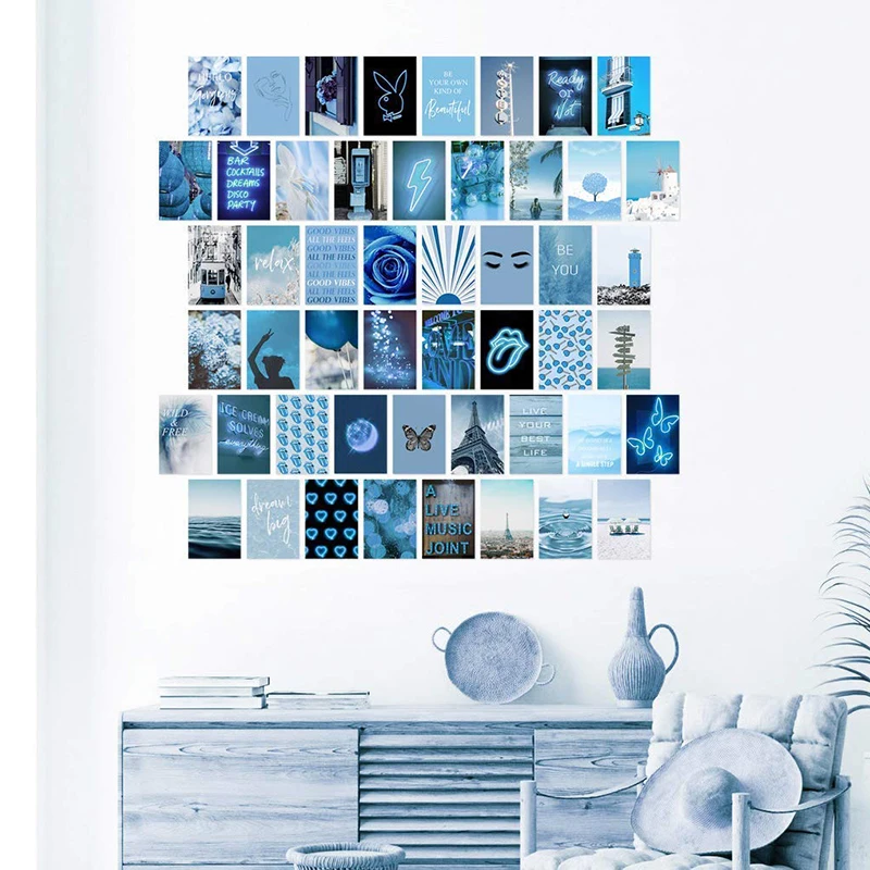 Новые синие настенные Коллажи с эстетическими изображениями декор для спальни