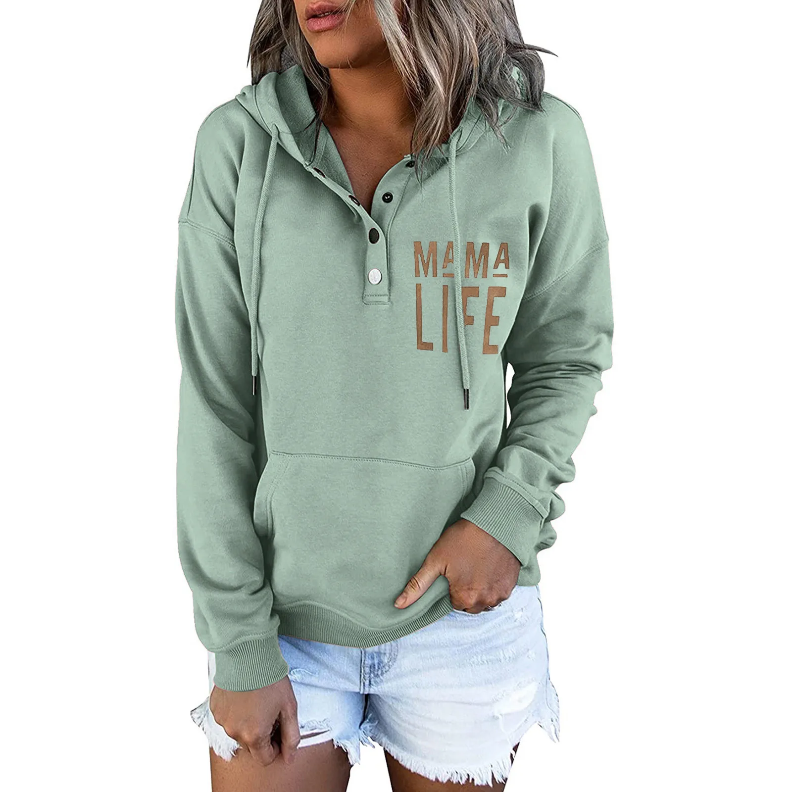 

New Women Sweatshirt Ladies Button Down Hooded Letter Printed Casual Pullovers Girls Long Sleeve Drawstring Autumn Clothes