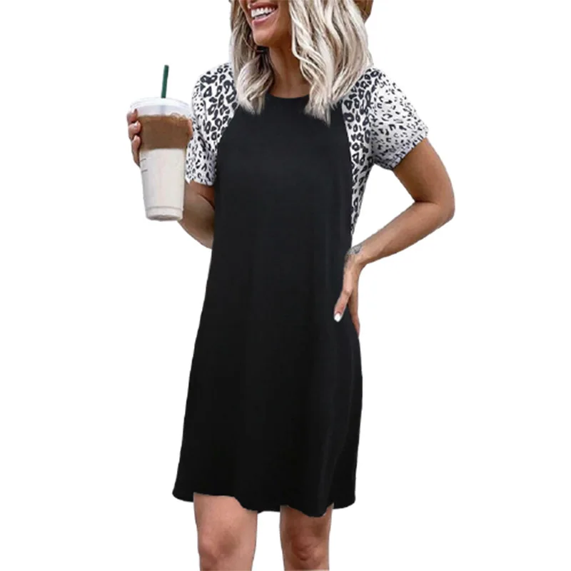

Женское Повседневное платье оверсайз, черное платье с коротким рукавом, круглым вырезом и леопардовым принтом, 2021