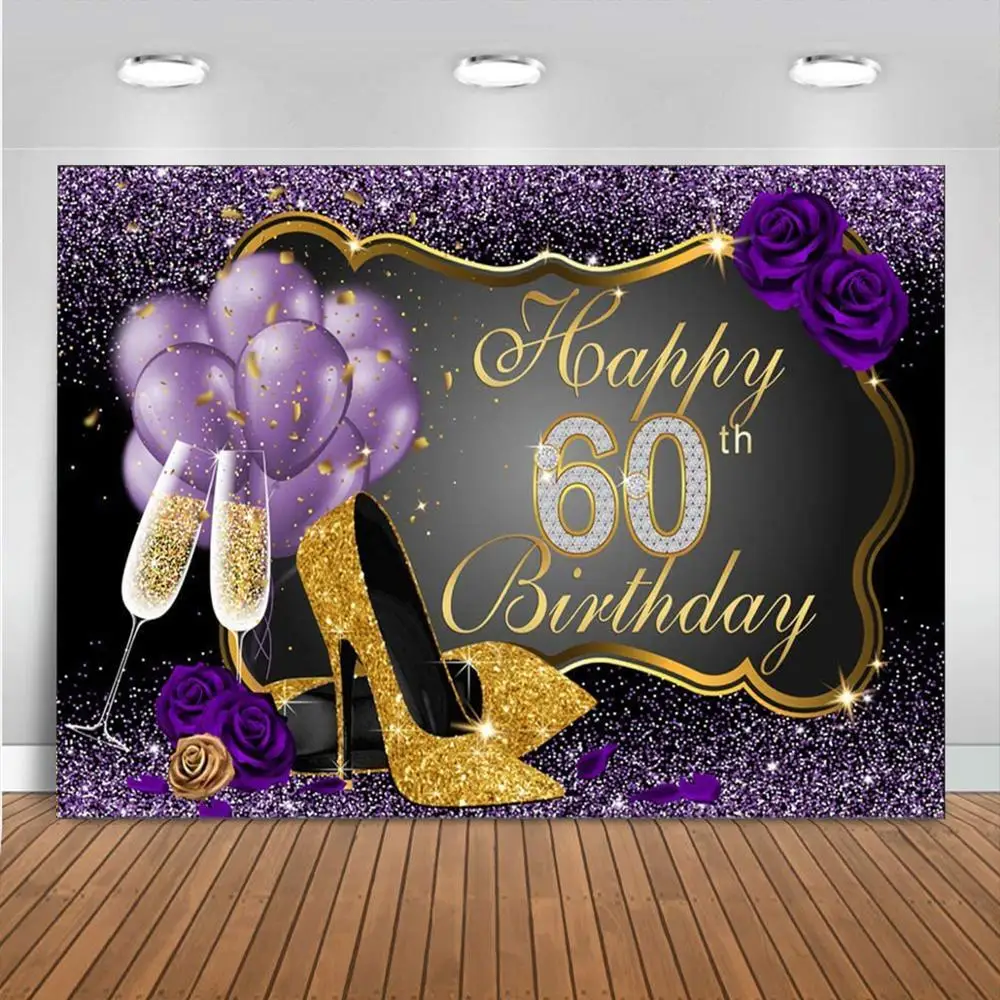 

Happy 60th Birthday Backdrop Purple Balloons Gold Heels Birthday Photography Backdrops Lady Fabulous Sixty Birthday Party Decor