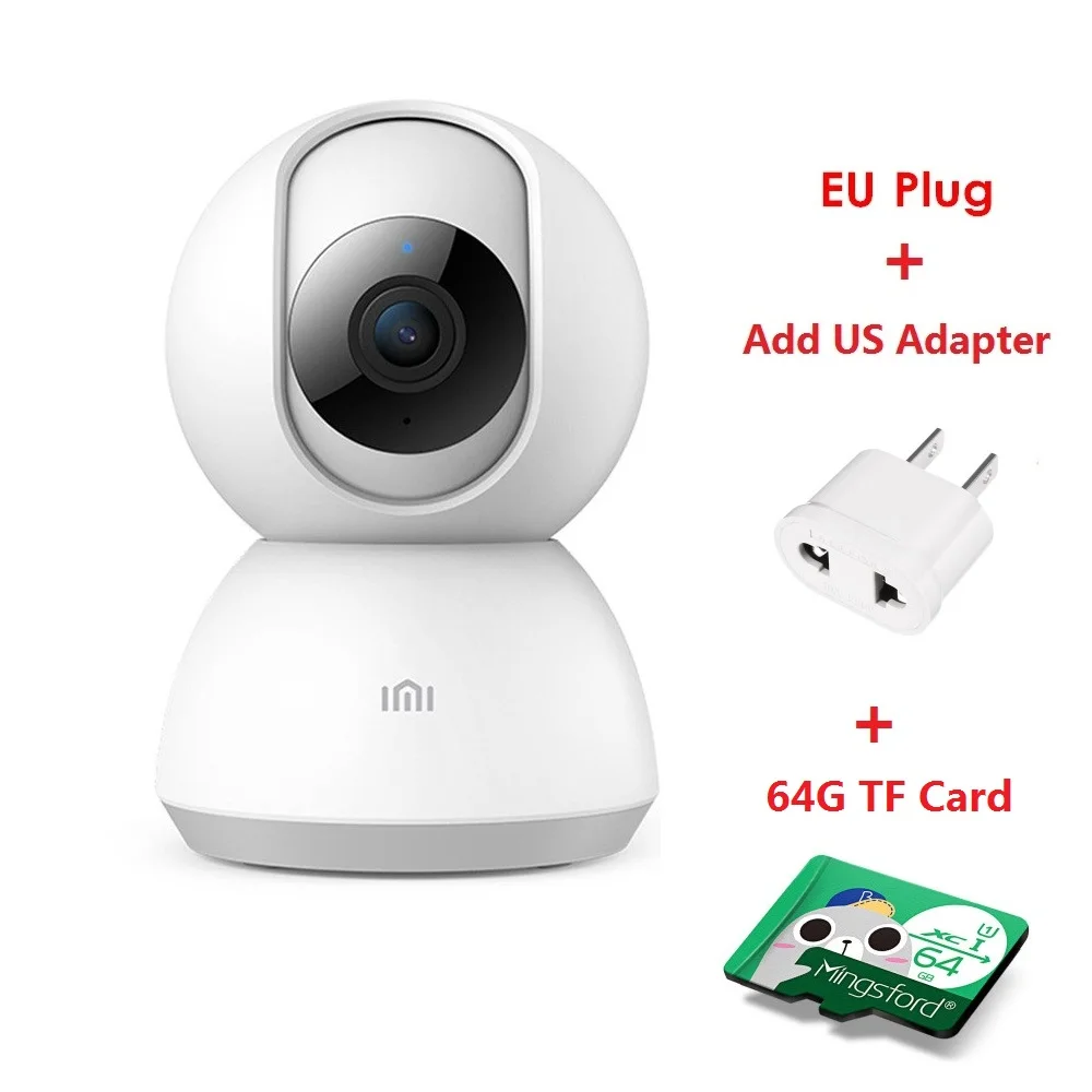 Обновленная версия Xiaomi Mijia Smart camera 1080P HD 360 градусов панорамирование ночного видения WiFi ip-камера с дистанционным управлением для дома - Цвет: US Adapter 64G Card