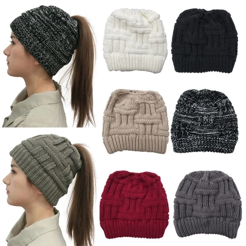 

Women Chunky Plaid Knitted Beanie Hat with Ponytail Hole Solid Color Skull