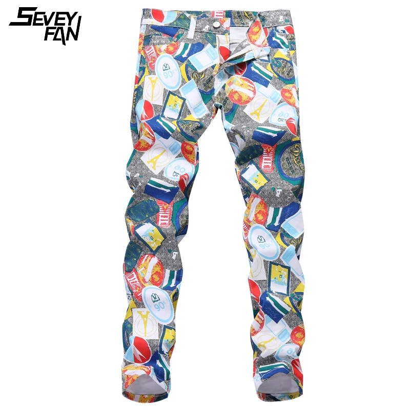 

Men Fashion Printed White Jeans Hip Hop Nightclub Elastic Slim Jean Cotton Casual Denim Pants Straight Trousers Harajuku Clothes