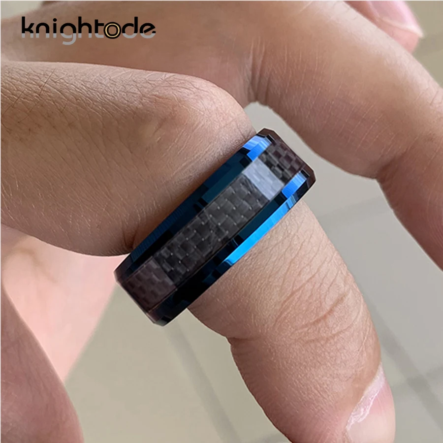 8 мм Синий вольфрамовый Карбид обручальные кольца черный углеродное волокно