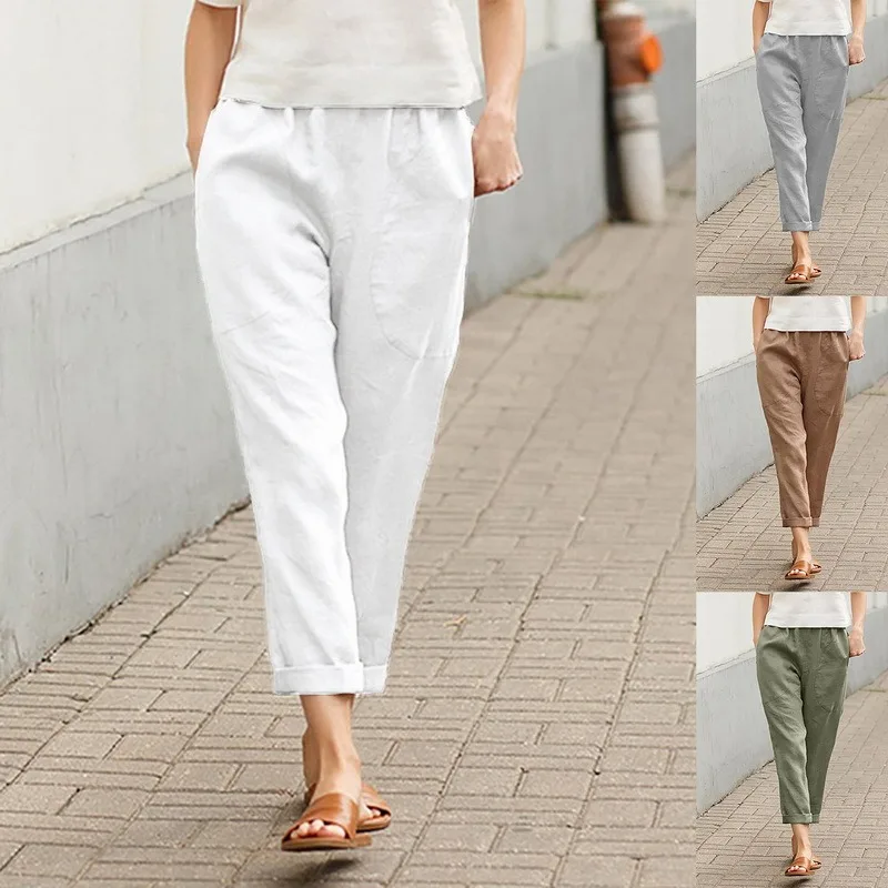 Из хлопка и льна с большими карманами размера плюс женские теплые брюки для