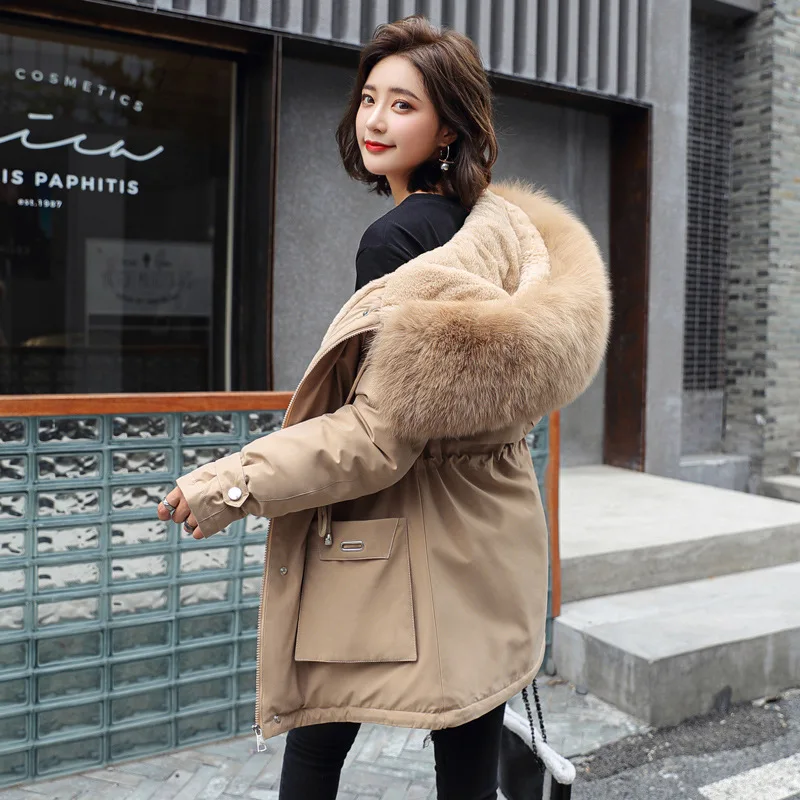 

Women Casual Fur Lining with Pockets Big Fur Collar Winter New Parkas Thicken Warm Jacket Hooded Parka Coats Mujer Cotton Coat