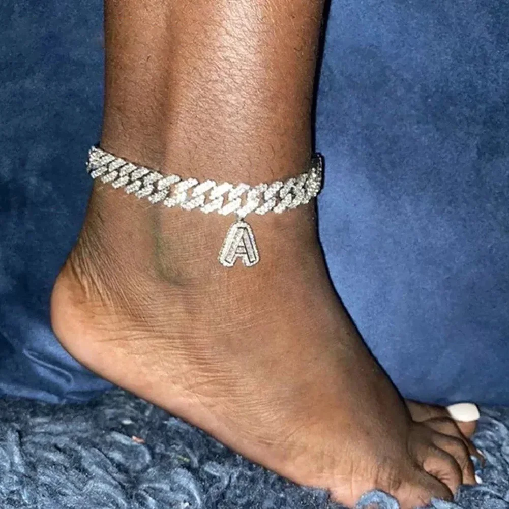 Hip Hop Initial Letters Pendants Cuban Link Chain Letter Anklet For Women Iced Out Baguette A-Z Initials Chunky Anklets Jewelry | Украшения