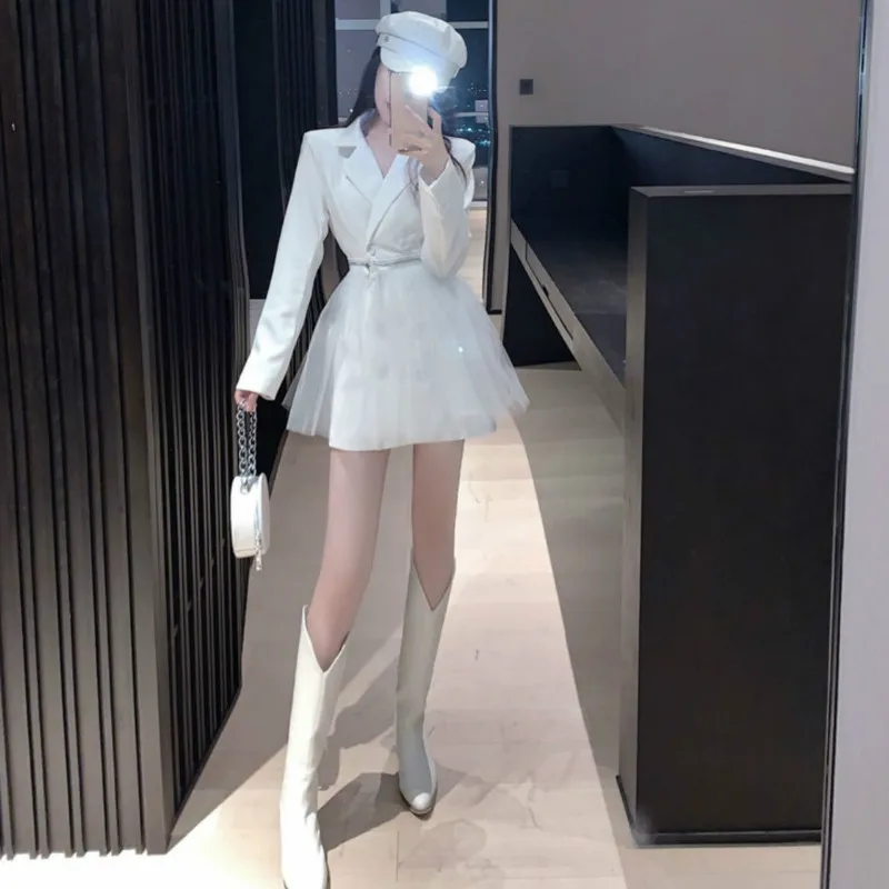 

Blazer Dress Women Casual Black Mesh Office Dress Female Spring 2021 Business Long Sleeve Double Breasted Mini Dress Korean New