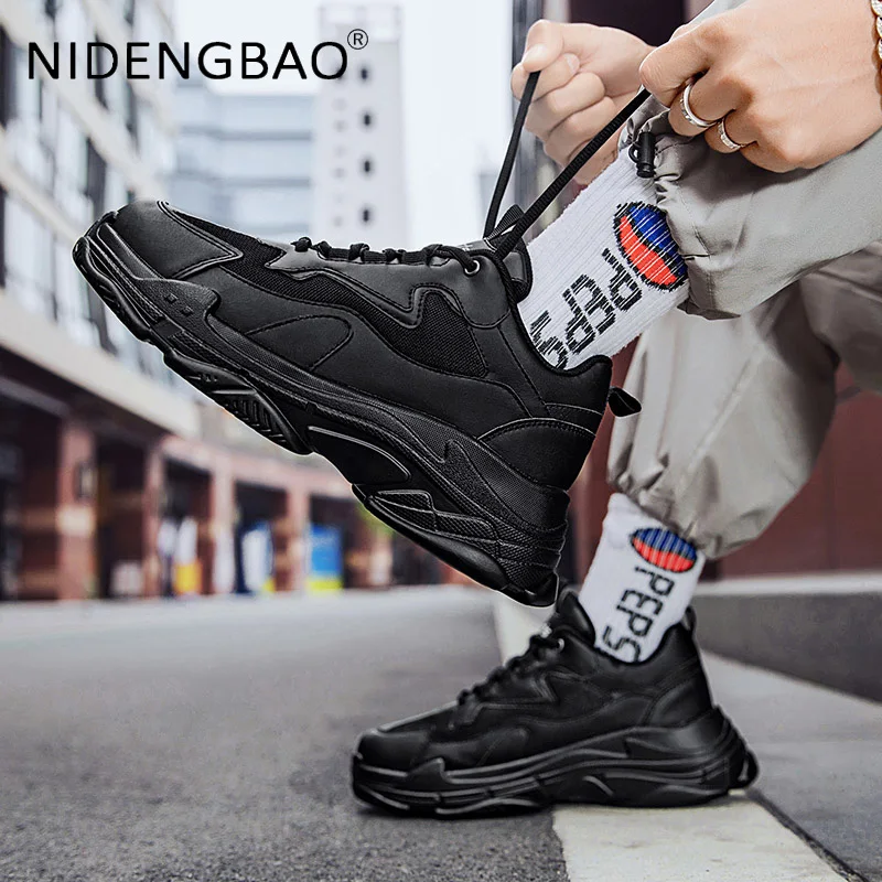 Mens Sneakers Platform All Black White Shoes Breathable Lace up Fashion Unisex Chunky Sneakers Gym Outdoor Sport Footwear Man