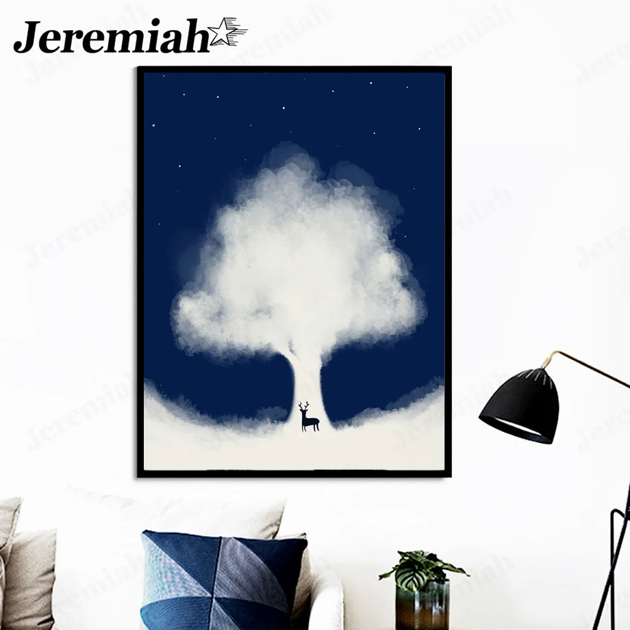 

Modern Creative White Cloud Tree Canvas Painting Simple Deer Poster Wall Art Nordic Home Room Living Room Decoration Accessories