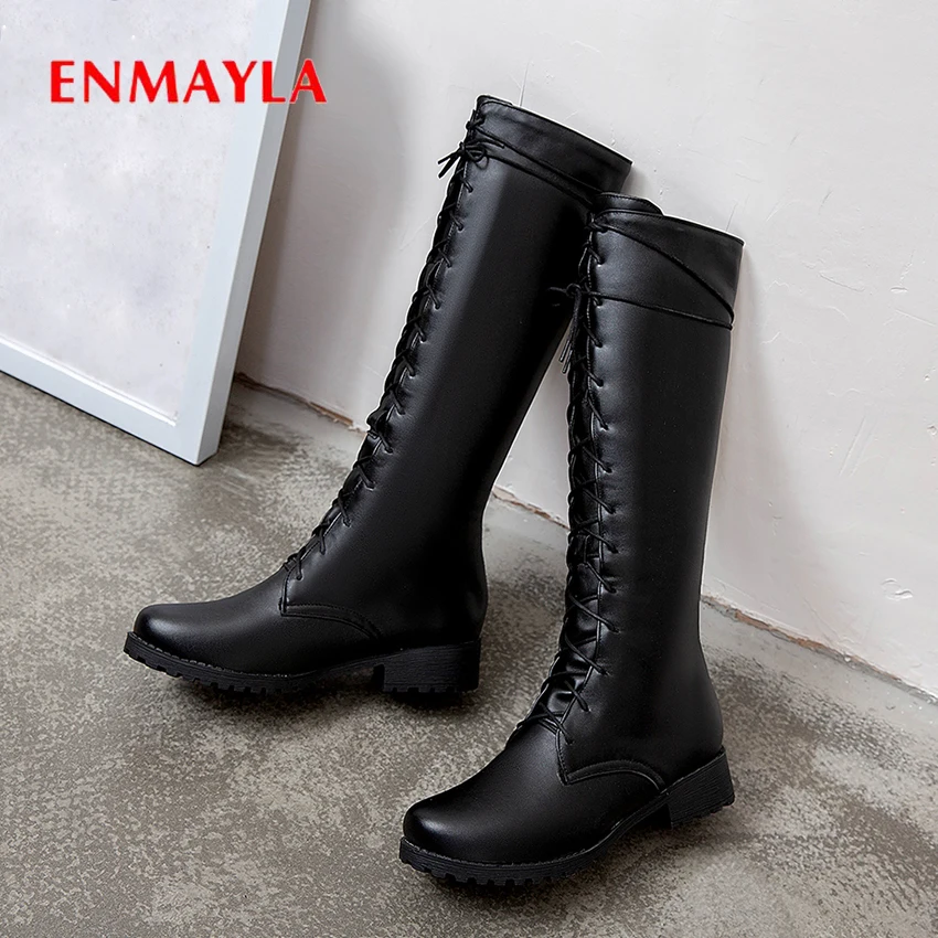 

ENMAYLA Square heel Lace-Up Motorcycle boots Knee-High Round Toe PU women boots Med Solid Short Plush Cross-tied thigh high boot